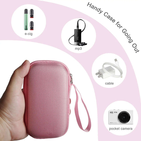 Heavy Duty Tech Travel Organizer Case For Vape Pods And Charging Cables Hella Slick Pink Mini Stash Bag for earbuds in hand.
