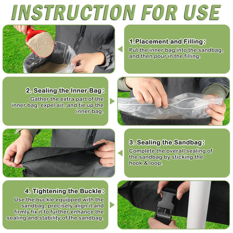Instruction steps for Two Pack 65Lb Fillable Sand Bags For Umbrella Bases, Heavy Duty 1680D Oxford With Inner Pouch, Weatherproof Black Bags