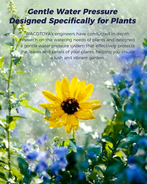 Sunflower under gentle water spray, highlighting the Retractable Garden Hose Reel With 130 Feet Of Heavy Duty Wall Mount, 5/8 Inch Hose.