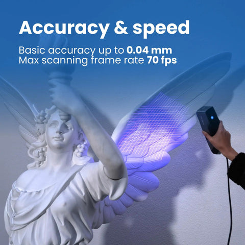 Handheld 3D Scanner With Blue Laser Infrared And VCSEL Structured Light For 0.04mm Accuracy And 70FPS Fast Scanning Made For Makers And Pros In 3D Printing Reverse Engineering Car Restoration Design And Education scanning a white statue