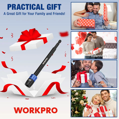 Gift box with Six Inch Drill Bit Extension With Quick Release Bit Holder, surrounded by images of people exchanging gifts on various occasions.