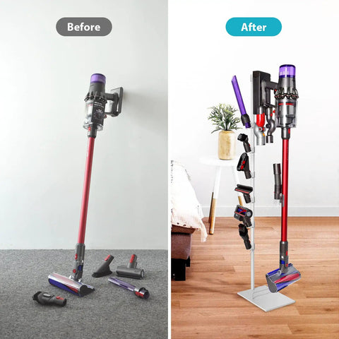 Cordless Vacuum Stand Docking Station With 6 Hooks for V15 Detect V11 V10 V8 V7 V6 Bracket Accessory Holder in use before and after