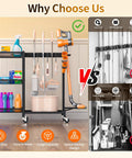 3 In 1 Cleaning Organizer Cart With Wheels And Vacuum Stand, 3 Tier Shelves, cleaning supplies, mop hangers, and vacuum holder displayed.