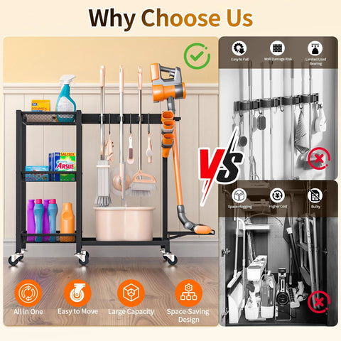 3 In 1 Cleaning Organizer Cart With Wheels And Vacuum Stand, 3 Tier Shelves, cleaning supplies, mop hangers, and vacuum holder displayed.