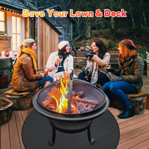 47 Inch Round Fire Pit Mat For Outdoor Grills And Camping under a fire pit with friends gathered around a bonfire, protecting deck.