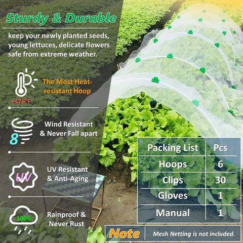 Six Pack Fiberglass Garden Hoops For 2 To 4 Foot Wide Raised Beds, 6.56 Feet Long, Super Bendable And Weatherproof Grow Tunnel Frame, Plant Row Cover Support, Wind Resistant, Rust Proof, No Assembly Required