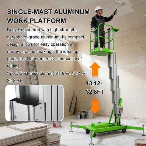 Rock Solid Electric Hydraulic Man Lift, Lightweight Aluminum Aerial Work Platform, Portable Single Mast Vertical Elevator For Warehouse Projects And Construction Maintenance, 330 Pound Load Rating With 19 Foot Reach, shown in use at 19.6 feet height.