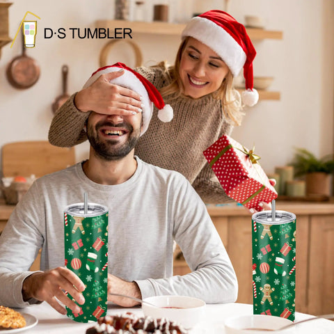 Couple enjoying Christmas with 50 Pack 20 Oz White Sublimation Tumblers With Individual Gift Boxes, Straws, Cleaning Brush, Splash Proof Lids, Rubber Bottoms, And Shrink Wrap Film For DIY Heat Transfer Crafts And Personalized Gifts