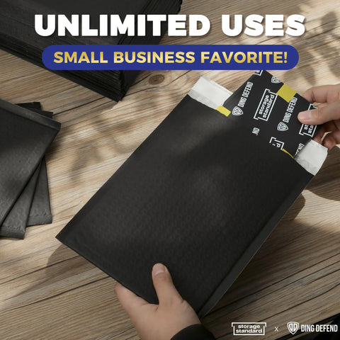 Person using 110 Count Self Sealing Bubble Mailers 6x10 Inch Waterproof Padded Envelopes with 6x9 Inch Usable Space on wooden table