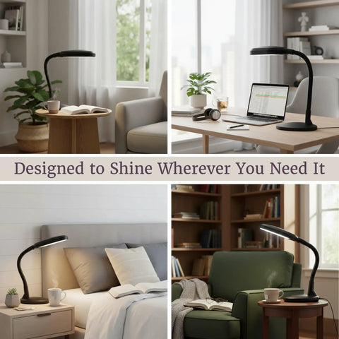 Collage of Natural Daylight Desk Lamp With Adjustable Gooseneck For Reading Working Crafting Sewing Or Homework Eye Strain Relief 6400K 27W Light For Dorm And Office Black in various settings.