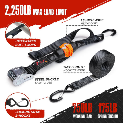 Self Tensioning Tie Down Straps 14 Ft X 1.5 In, 2 Pack With Load Adaptive Tech, No Ratchet Tension, 2250 Lb Break Strength