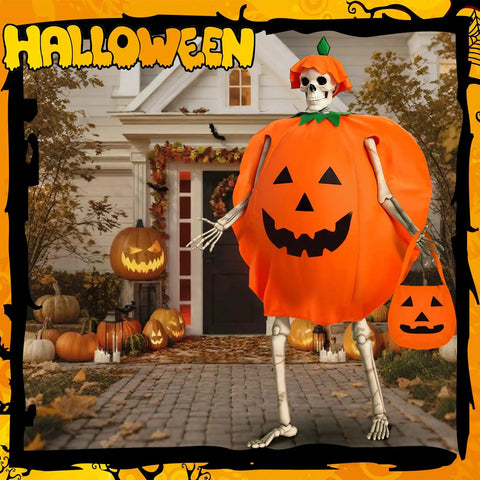 12 Ft Skeleton Costume Accessories Set With Pumpkin Hat Pumpkin Shaped Clothes And Handheld Fabric Basket For Giant Halloween Outfit And Outdoor Party Prop in front of decorated house