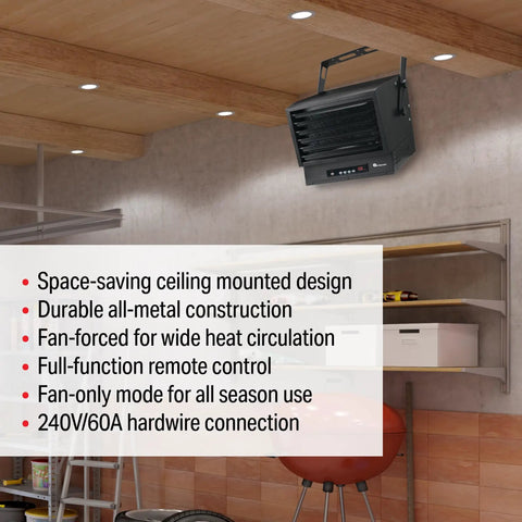 Ceiling Mount Garage Heater 7500W And 6250W 240V with adjustable louvers in shop with all-metal construction and tilt head.