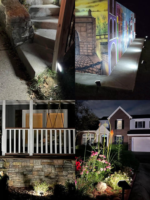 Outdoor Solar Lights IP68 Waterproof With 56 LEDs illuminating garden pathways and house exteriors at night.