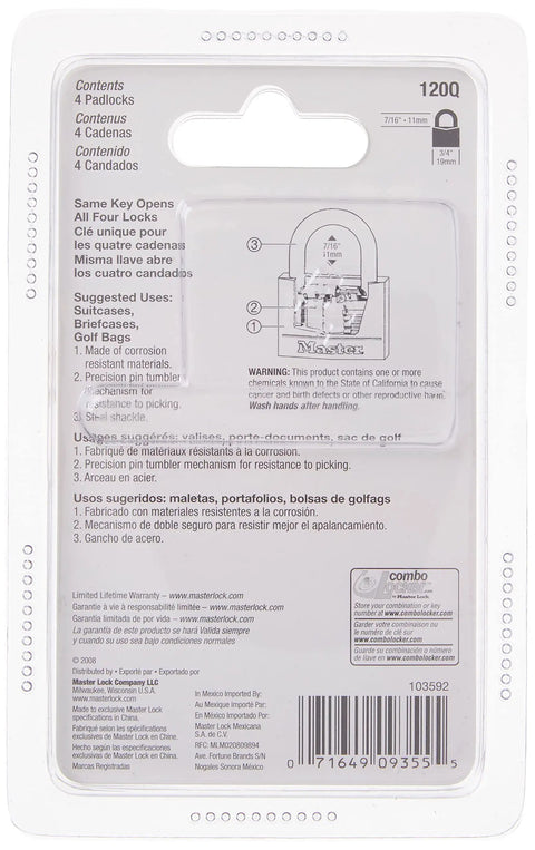 Solid Brass Padlock Three Quarter Inch Wide Keyed Alike Pack Of 4 For Indoor Use On Backpacks, Briefcases, Lockers And Cabinets, Durable Lock With Secure Brass Body Great For Home, Office, School And Travel Security Built To Last