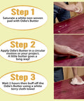 Three-step application guide for Dope Wood Butter Finish 9 Oz Glass Jar Food Safe Solvent Free Non Toxic Easy Apply Top Coat