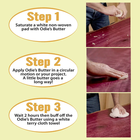 Three-step application guide for Dope Wood Butter Finish 9 Oz Glass Jar Food Safe Solvent Free Non Toxic Easy Apply Top Coat