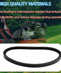 4L670 Replacement V Belt For Rear Tine Tillers Fits Part 32993, black notched belt against tiller machinery background