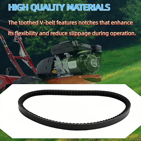 4L670 Replacement V Belt For Rear Tine Tillers Fits Part 32993, black notched belt against tiller machinery background