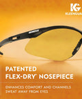 Close-up of V30 Nemesis Safety Glasses With Amber Yellow Lenses And Black Frame showcasing flex-dry nosepiece.