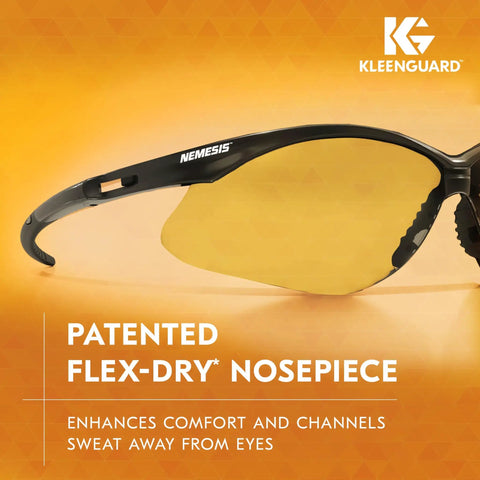 Close-up of V30 Nemesis Safety Glasses With Amber Yellow Lenses And Black Frame showcasing flex-dry nosepiece.