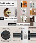Fingerprint Door Knob With Keypad And Biometric Unlock, Three In One Keyless Entry For Interior Doors, Auto Lock After Inactivity, MD1 Black shown with door compatibility and dimensions