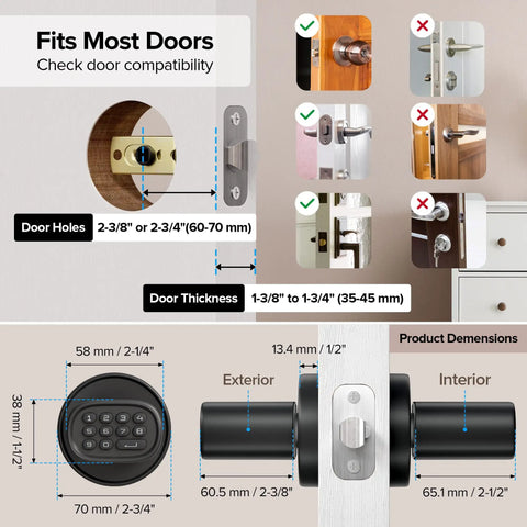 Fingerprint Door Knob With Keypad And Biometric Unlock, Three In One Keyless Entry For Interior Doors, Auto Lock After Inactivity, MD1 Black shown with door compatibility and dimensions