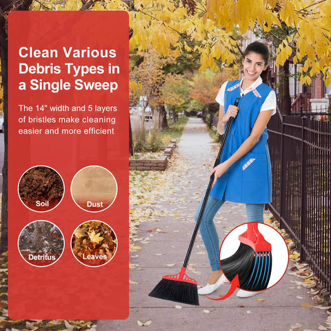 Person sweeping leaves on sidewalk with Beefy Heavy Duty Angle Broom With 55 Inch Adjustable Iron Handle And Stiff Bristles