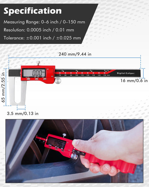 Digital Brake Rotor Caliper Tool For Disc Brake Thickness, Wheels On Rotor Gauge, 6 Inch Stainless Vernier Rotor Micrometer With Large LCD