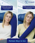 Woman using Ultimate Travel Neck And Body Pillow With Memory Foam And Velour Cover, Rolls Up And Straps To Airplane Or Car Seats