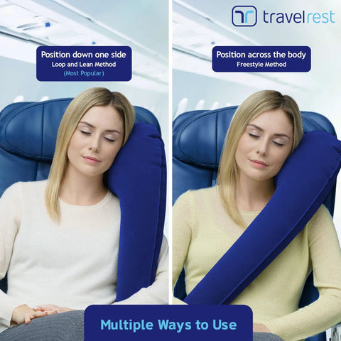 Woman using Ultimate Travel Neck And Body Pillow With Memory Foam And Velour Cover, Rolls Up And Straps To Airplane Or Car Seats