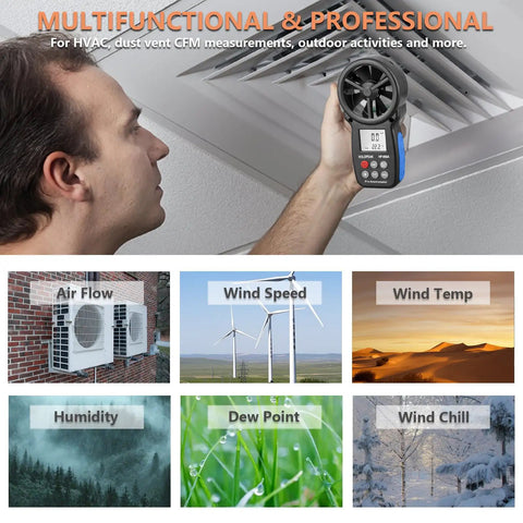 866A HVAC Anemometer Pro CFM Air Flow Meter With USB Handheld Wind Speed Temperature Humidity And Dew Point Gauge For Ductwork And HVAC Pros Boss Level Airflow Monitoring Device, handheld use at ceiling vent