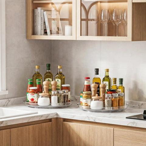 Smooth Operator 12 in Lazy Susan Turntable 4 Pack Crystal Clear BPA Free Plastic pantry organizer with spices and oils.