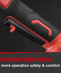 Close-up of the non-locking paddle switch on the Heavy Duty Brushless Cordless Angle Grinder Kit, 4.5 Inch 3 Speed Cutting Tool.
