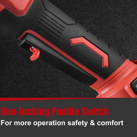 Close-up of the non-locking paddle switch on the Heavy Duty Brushless Cordless Angle Grinder Kit, 4.5 Inch 3 Speed Cutting Tool.