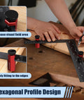 Person using Tall Stair Gauges For Framing Square With Holder And Carabiner Pro Grade Metal Stair Stringer Layout Tool on wood