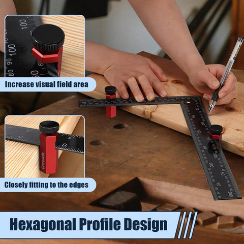 Person using Tall Stair Gauges For Framing Square With Holder And Carabiner Pro Grade Metal Stair Stringer Layout Tool on wood