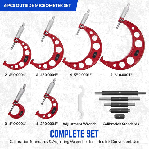 Six-Piece Outside Micrometer Set 0-6 Inches With Carbide Tips, Calibration Standards, Ratchet Stop, Pro Grade Tools