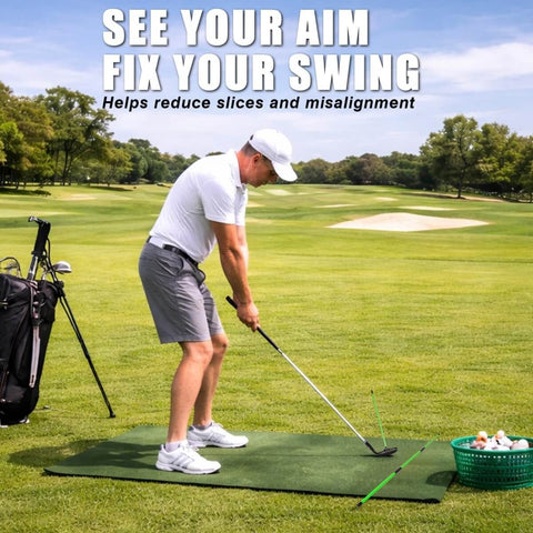 Golfer practicing swing with Two Pack 40 Inch Golf Alignment Sticks With Magnetic Club Alignment Rod on a golf course
