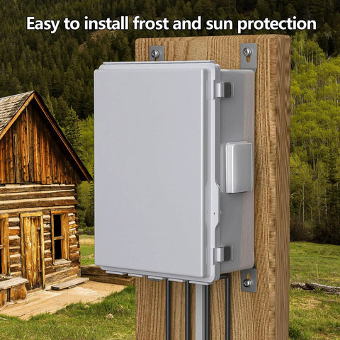 Tough As Nails Electrical Junction Box With Ventilated ABS Housing And Integrated Cable Grommets Weather Sealed IP65 Hinged Door mounted on a wooden post.