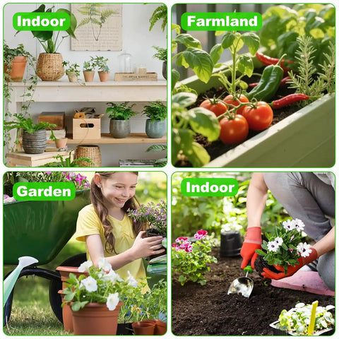 Collage showing uses for All In One Soil Moisture Meter Kit With Handy Plant Care Guide And 100 pH Test Strips Sample Tube indoors, farms, and gardens.
