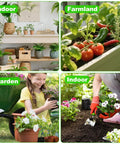 Collage of indoor plant shelves, vegetable garden bed, girl planting flowers in garden, and hands gardening indoor plants.