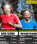 Trail runners wear NU25 UL Ultra Light Headlamp With Dual Beam USB C Rechargeable 400 Lumen Output during night run