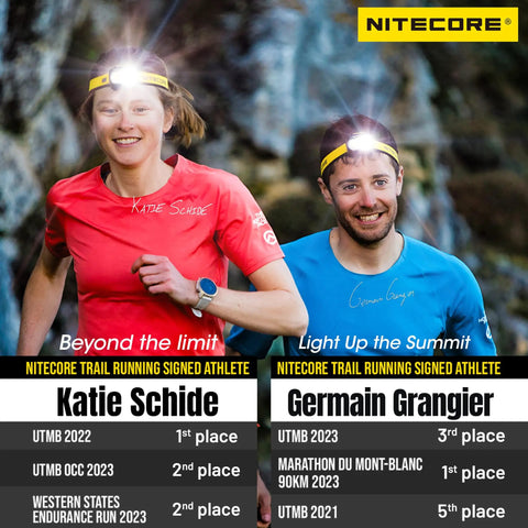 Trail runners wear NU25 UL Ultra Light Headlamp With Dual Beam USB C Rechargeable 400 Lumen Output during night run