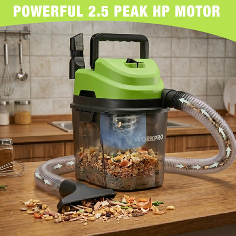 Heavy Duty 1.5 Gallon Wet And Dry Shop Vacuum Cleaner With 2.5 Peak Hp Motor picking up debris on a kitchen counter.