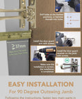 Instructional guide for installing Door Guard Swing Bar Lock for Outward Opening Doors, zinc alloy matte gold finish, on a door jamb.