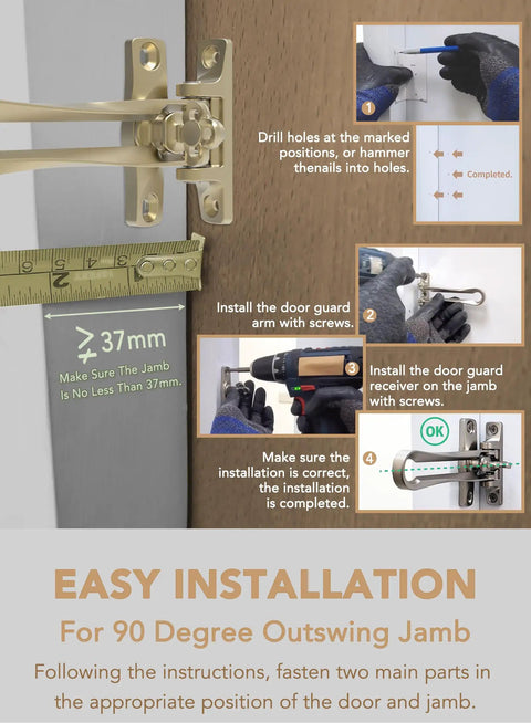 Instructional guide for installing Door Guard Swing Bar Lock for Outward Opening Doors, zinc alloy matte gold finish, on a door jamb.