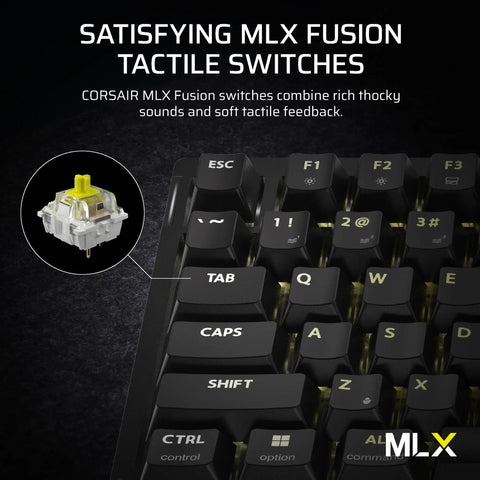 Close-up of Top Shelf Wireless 75 Percent Gaming Keyboard featuring Hot Swap MLX tactile switches and black keycaps.