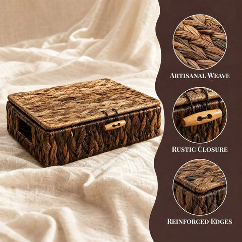 Natural Water Hyacinth Wicker Storage Baskets With Lids Set Of 2 handwoven showing weave and closure details