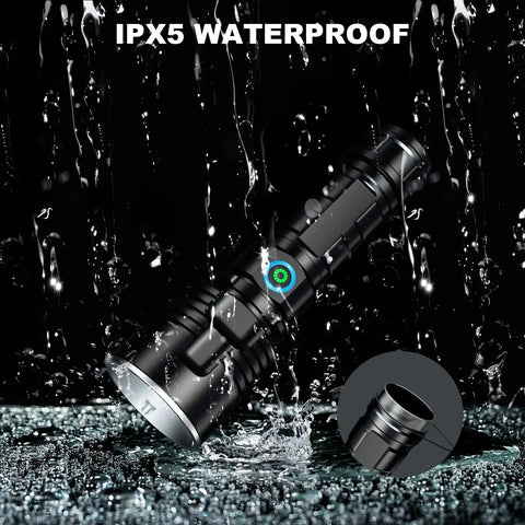 Beast 900,000 Lumen Rechargeable Flashlight Two Pack With 12 Hour Run Time, XHP70 LED, 3 Modes, Ultra Bright IPX5 Waterproof Torch showing waterproof feature.